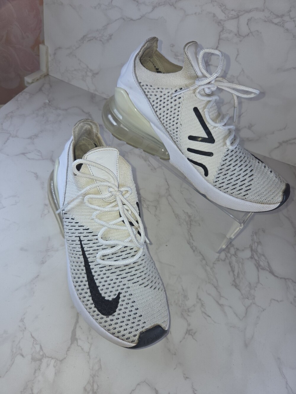 Nike Women’s Cream/White Knit Air Cushion Sneaker with Black Swoosh(B109)